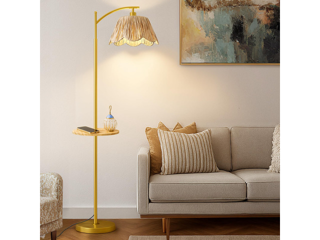 Floor Lamp with Table for Bedroom, Boho Standing Lamps with Foot Switch, Farmhouse Floor Lamp for Living Room, Arc Rattan Lamps with Gold Metal...