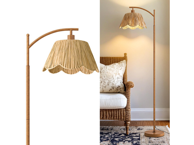 Rattan Floor Lamp for Bedroom, Boho Floor Lamp with Foot Switch, Farmhouse Standing Lamps for Living Room with Hand-Woven Shade, Walnut Metal Base...