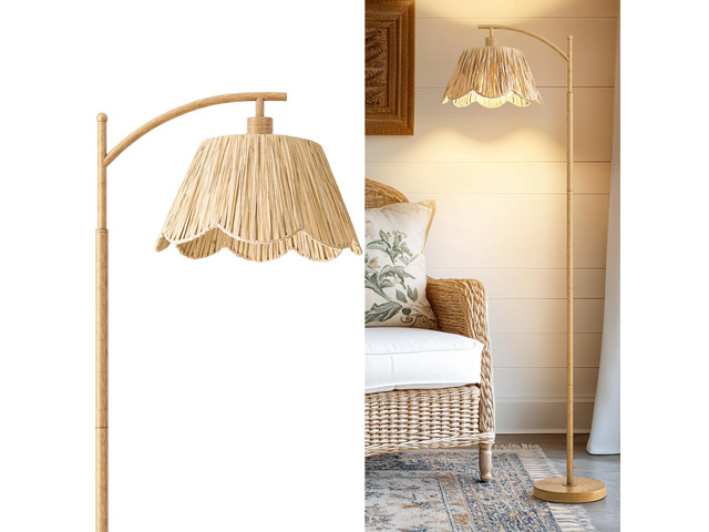 Boho Floor Lamp for Living Room, Farmhouse Standing Lamp with Foot Switch, Corner Reading Lamps for Bedroom with Hand-Woven Shade, Light Woodgrain...