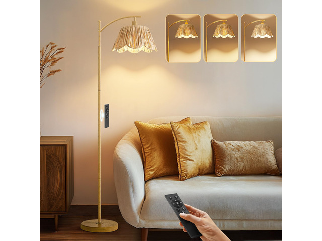 Arc Floor Lamp for Living Room with 3 Color Temperatures, Rattan Boho Floor Lamp with Remote & Dimmable Bulb, Farmhouse Floor Lamps Suitable for...