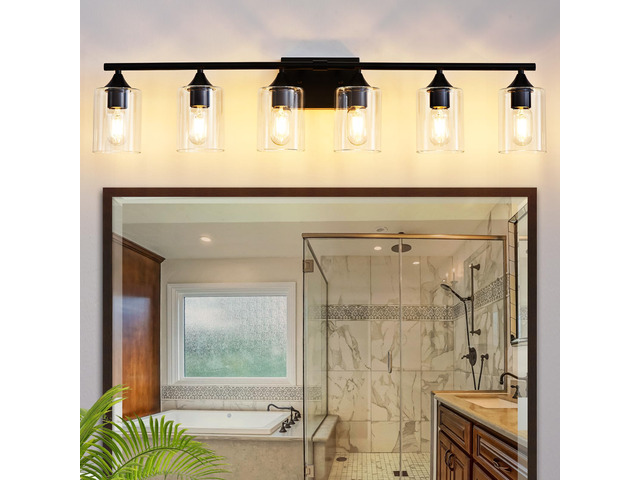 6-Light Matte Black Bathroom Light Fixtures, Over Mirror with Clear Glass Shade, Wall Light Sconce for Vanity Table, Hallway