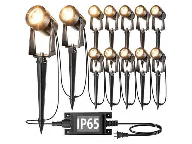 Outdoor Landscape Lighting, 12 Pack LED Spot Lights Kit, Warm White IP65 Waterproof, Extendable, Connects up to 20 lamp heads, for Garden, Yard,...