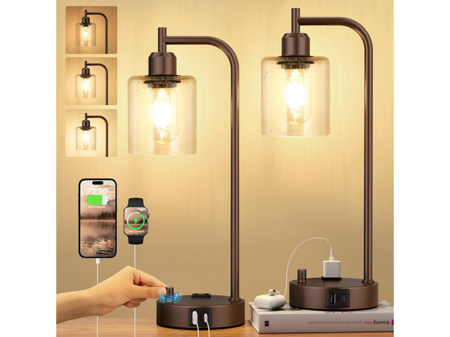 Industrial Table Lamps for Bedrooms Set of 2 - Fully Dimmable Bedside Lamps with USB Ports and Outlet, Brown Nightstand Lamps with Glass Shade for...