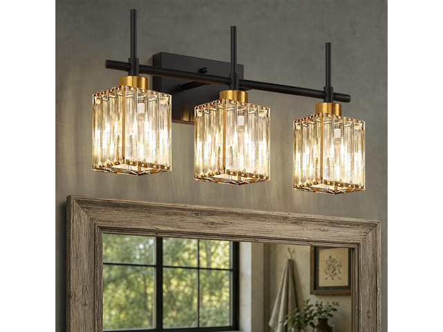 Modern Crystal 3-Light Vanity Lights for Bathroom Gold Bathroom Lights Over Mirror Black and Gold Vanity Lighting Fixtures Square Shade Brass Wall...