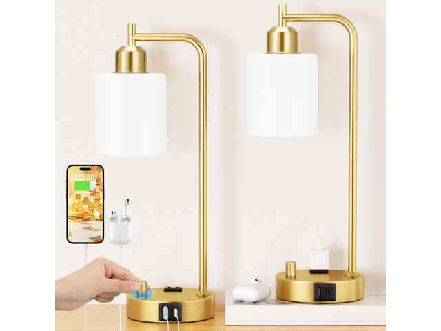 Industrial Table Lamps for Bedroom Set of 2 - Fully Dimmable Bedside Lamps with USB Ports and Outlet, Gold Nightstand Lamps with Opal Glass Shade...