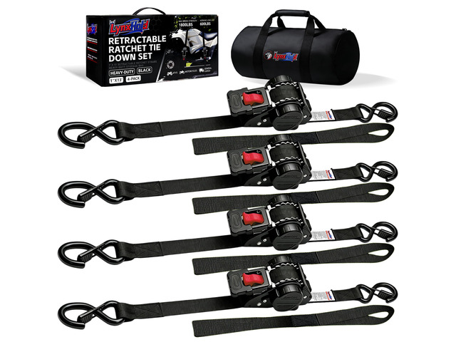 Retractable Ratchet Straps 1' x 13 Ft, Bolt-On, 1,800 Lbs, Black, 4 Pack Heavy Duty Tie Downs, Auto Self Retracting Design, Secure Cargo, For...