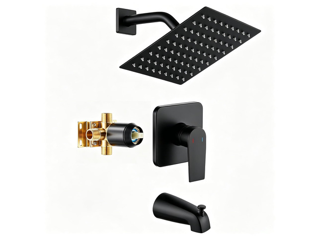 Tub Shower Faucet Set Valve Included with 8-Inch Rain Shower Head and Tub Spout Single-Handle Tub and Shower Trim Kit Matte Black