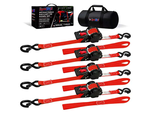 Retractable Ratchet Straps 1' x 13 Ft, Bolt-On, 1,800 Lbs, 4 Pack Heavy Duty Tie Downs, Auto Retract, Secure Cargo, For Trucks, Trailers,...
