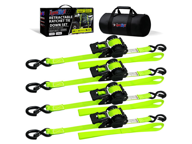 Retractable Ratchet Straps 1' x 13 Ft, Bolt-On, 1,800 Lbs, Green, 4 Pack Heavy Duty Tie Downs, Auto Self Retracting Design, Secure Cargo, For...
