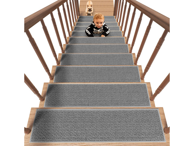 Non Slip Stair-Treads, Rubber Backing Stair-Runners for Wooden Steps 15PCS Residue Free Carpet Stair Treads for Kids and Dogs 8'x30' Grey