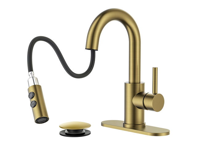 Bathroom Faucet 1 Hole Single Handle with Pull Down Sprayer Gold with 6-inch Deck Plate for 1 or 3 hole(4-inch centerset) Setup, Swivel Sink Faucet...