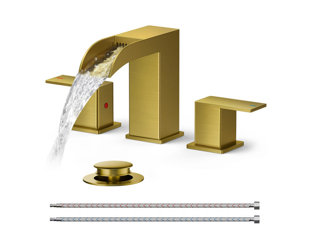Bathroom Faucet 3 Hole 8 Inch Widespread Vanity Sink Brushed Gold Square Waterfall Bathroom Sink Faucet Two Handles with Pop-up Drain, Lead-Free,...