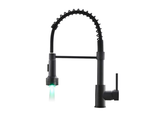 Kitchen Faucet with Sprayer, Modern Single Handle Pull Down Sprayer Spring Matte Black Kitchen Sink Faucet with LED Light