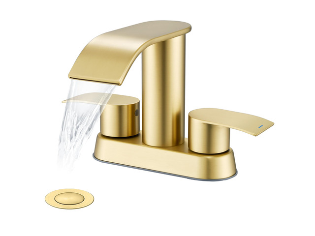 Waterfall Bathroom Faucet for Sink Brushed Gold 4 Inch Bathroom Sink Faucet for 3 or 2 Holes, 2 Handle Waterfall Faucets with Pop up Drain,...
