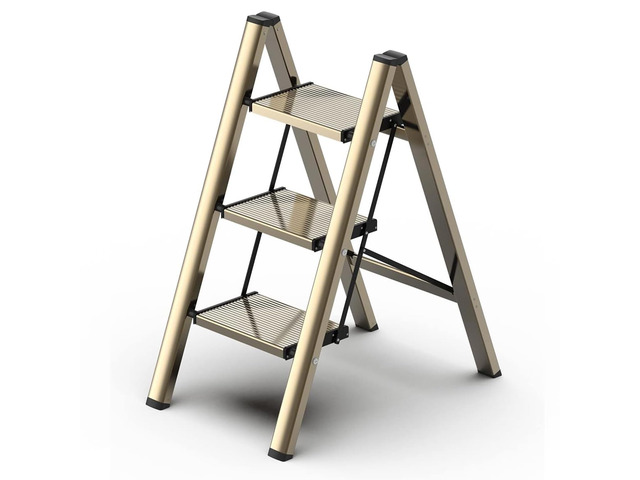 3 Step Ladder, Foldable Aluminum Step Stool with Anti-Slip Pedal Lightweight yet Sturdy, Portable, Non Slip Feet, 300Lbs Capacity, Elegant Look,...