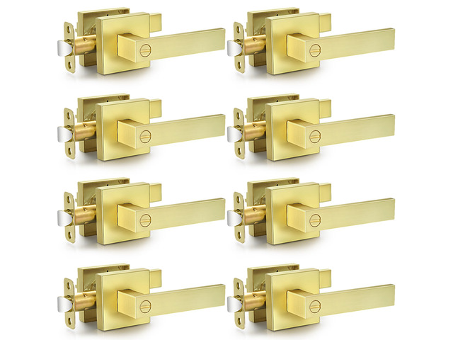 8 Pack Brushed Gold Door Handles Privacy Door Levers, Interior Door Knobs Keyless Flat Square Lockset Heavy Duty Door Locks Handleset for Bedroom...