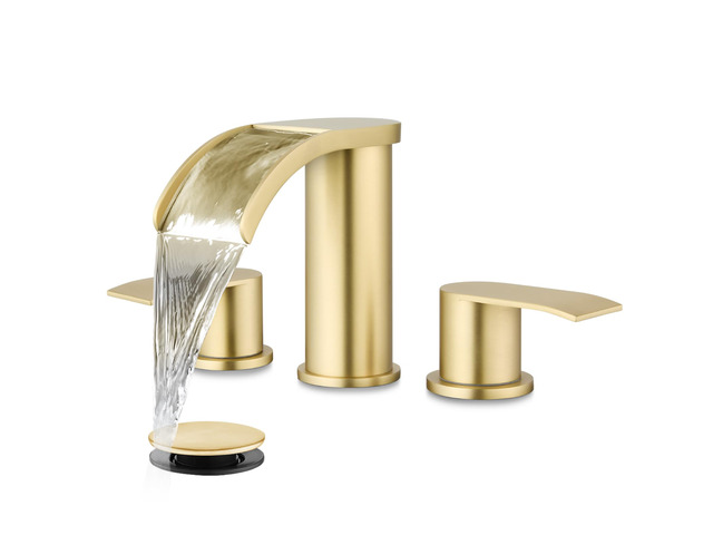Waterfall Bathroom Faucet 3 Hole Round Body,Brushed Gold SUS304 8 Widespread Bathroom Sink Faucet,2.17 Wide Spout,24 cUPC Hose,Pop Up Drain,2...