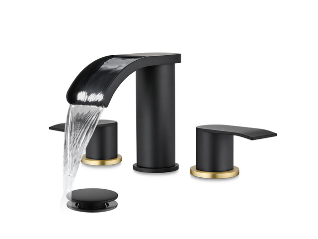 Waterfall Bathroom Faucet 3 Hole Round Body,Black & Brushed Gold SUS304 8 Widespread Bathroom Sink Faucet,2.17 Wide Spout,24 cUPC Hose,Pop Up Drain,2...