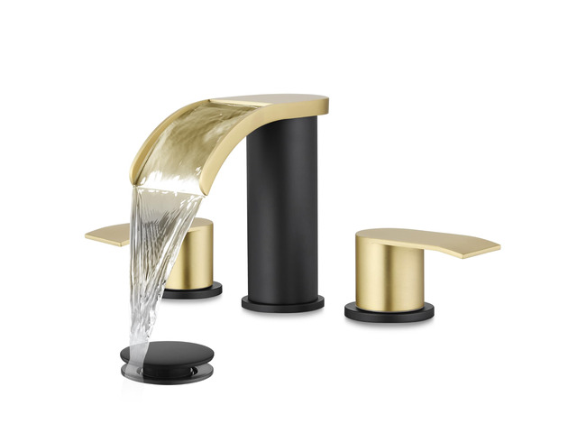 Waterfall Bathroom Faucet 3 Hole Round Body,Brushed Gold & Black SUS304 8 Widespread Bathroom Sink Faucet,2.17 Wide Spout,24 cUPC Hose,Pop Up Drain,2...