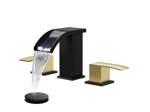 Waterfall Bathroom Faucet 3 Hole Square Body,Matte Black & Gold SUS304 8 Widespread Bathroom Sink Faucet,2.17 Wide Spout,24 cUPC Hose,Pop Up Drain,2...
