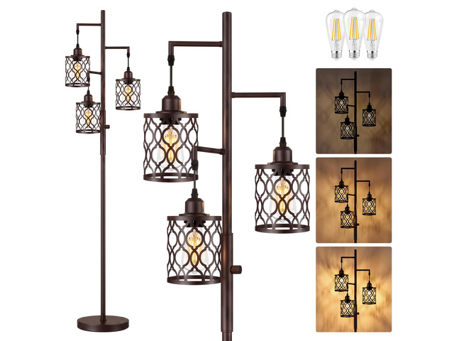 73' Dimmable Farmhouse floor lamps for living room, Industrial Tree Floor Lamp with 3 X 6W LED Bulbs, Stepless Dimming, Metal Cage Shades, 3 Light...