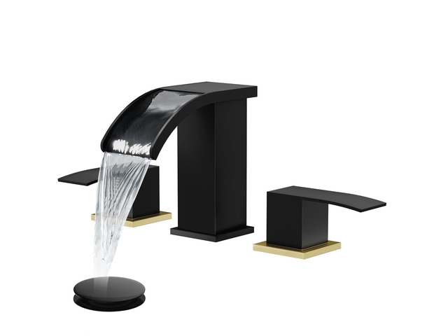 Waterfall Bathroom Faucet 3 Hole Square Body,Black & Brushed Gold SUS304 8 Widespread Bathroom Sink Faucet,2.17 Wide Spout,24 cUPC Hose,Pop Up...