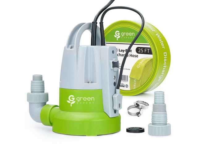 Green Expert 1/3HP Submersible Sump Pump Kit with 25FT Lay-Flat Discharge Hose, Pump with Hose, Water Sensor Automatic/Manual Low Water Drain Pump...