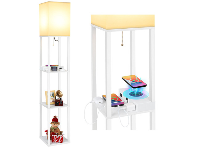 Shelf Floor Lamp with Wireless Charger, USB, Type C, AC Port,White Fast Charging USB Ports & Type C Port & 2 Power Outlets, 3 Tier Storage Shelf...