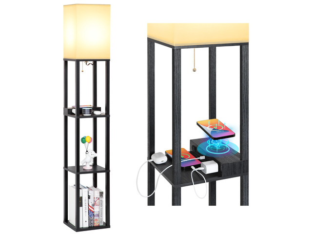 Shelf Floor Lamp with Wireless Charger, USB, Type C, AC Port,Black Fast Charging USB Ports & Type C Port & 2 Power Outlets, 3 Tier Storage Shelf...