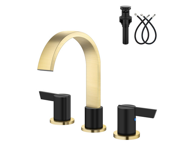 Gold and Black 3 Hole Bathroom Faucet,8' Widespread Vanity Faucet 2 Handle Waterfall Bathroom Sink Faucet with Pop-Up Drain,Supply Lines,360°...