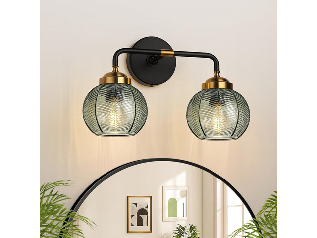 Bathroom Light Fixtures, 2-Light Green Vanity Lights with Unique Leaf Texture Glass Shade, Modern Matte Black and Gold Bathroom Wall Lamp for...