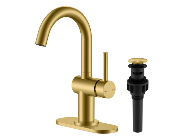 Brushed Gold Single Handle Bathroom Faucet, Single Hole Vanity Faucet Bathroom Sink Faucet with Pop Up Drain & 6 Inch Deck Plate, Lead-Free cUPC &...