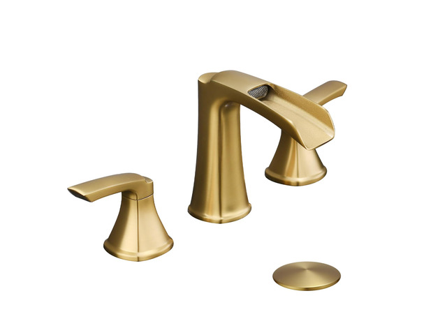 Brushed Gold Bathroom Faucet 3 Hole, Waterfall 8 Inch Widespread Bathroom Sink Faucet with Pop-up Drain, Two-Handle Faucet for Bathroom Sink