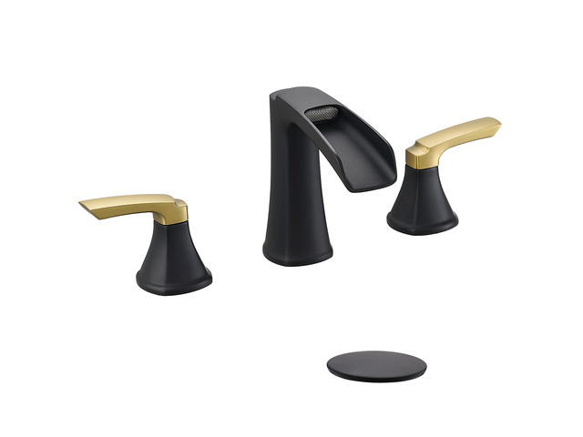 Bathroom Faucet 3 Hole, Waterfall 8 Inch Bathroom Sink Faucet Matte Black & Gold, Lead-free Brass Two-handle Widespread Faucets for Bathroom Sink...