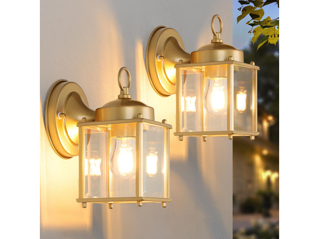 Outdoor Wall Lantern, Exterior Waterproof Wall Sconce Light Fixtures, Gold Front Door Lighting with Clear Beveled Glass Shade, 2 Pack