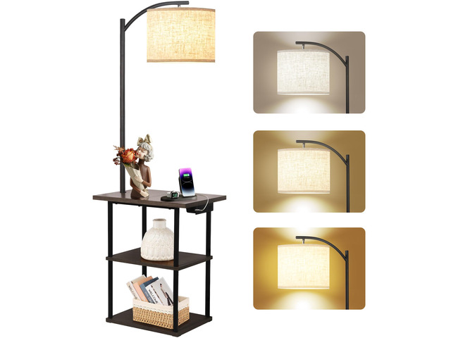 Floor Lamp with Table, End Tables with Charging Station USB, Type-C & AC Outlet; 3 Color Temperatures 9W LED Bulb, Modern Side Table with 3 Shelves...