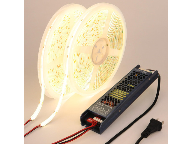 24V Outdoor COB LED Strip Lights Waterproof 65.6ft with Power Supply 4000K Natural White LED Tape Light Cuttable Adhesive CRI 93 160W for Bedroom...