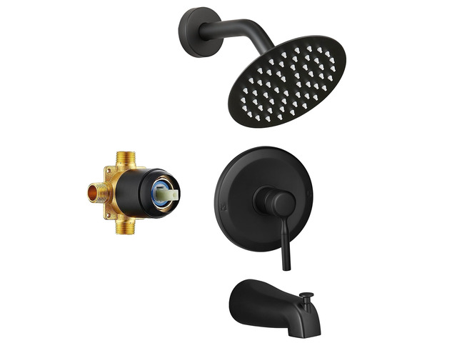 Tub Shower Faucet Set Valve Included with 6-Inch Rain Shower Head and Tub Spout Single-Handle Tub and Shower Trim Kit Matte Black
