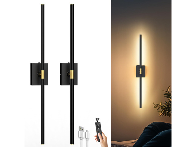 Battery Operated Wall Sconces Set of 2, 10000mAh, Black Detachable rechargeable battery, 31.5' wireless lighting for TV wall mirror bedroom or...