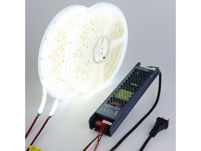 24V Outdoor COB LED Strip Lights Waterproof 65.6ft with Power Supply 6000K Cool White LED Tape Light Cuttable Adhesive CRI 93 160W for Bedroom...