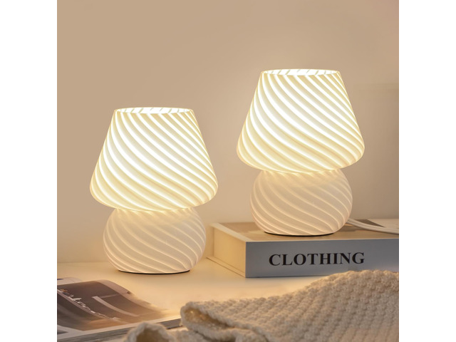 Mushroom Lamps Set of 2 - Small Bedside Table Lamp with Striped Glass, Nightstand Lamp for Bedroom, Living Room, Bulb Included(White)