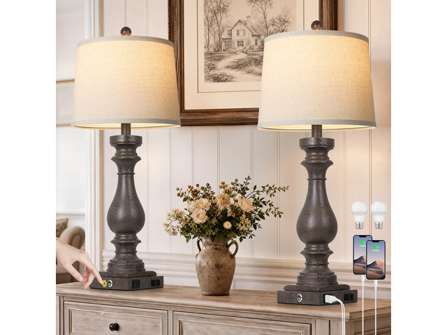 29' Tall Farmhouse Table Lamp for Living Room Set of 2,Vintage Retro Nightstand Lamps with USB C+A Ports & AC Outlet,3-Way Dimmable Touch Bedside...