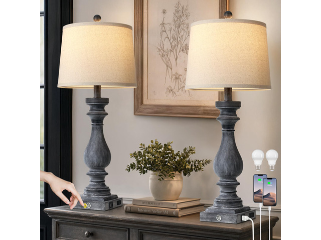 29' Tall Farmhouse Table Lamp for Living Room Set of 2,Vintage Retro Nightstand Lamps with USB C+A Ports & AC Outlet,3-Way Dimmable Touch Bedside...