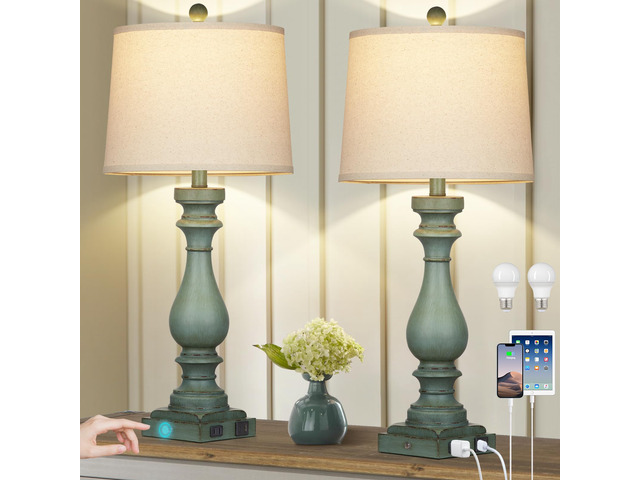 29' Tall Table Lamp for Living Room Set of 2,Vintage Bedside Nightstand Lamps with USB C+A Ports & AC Outlet,3-Way Dimmable Touch Control Retro...