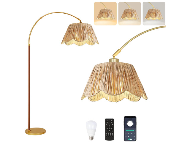 Vintage Arc Floor Lamps for Living Room Farmhouse Wood Floor Lamp with Remote Control,Dimmable Rattan Floor Lamp Boho Standing Lamp with 3 Color...