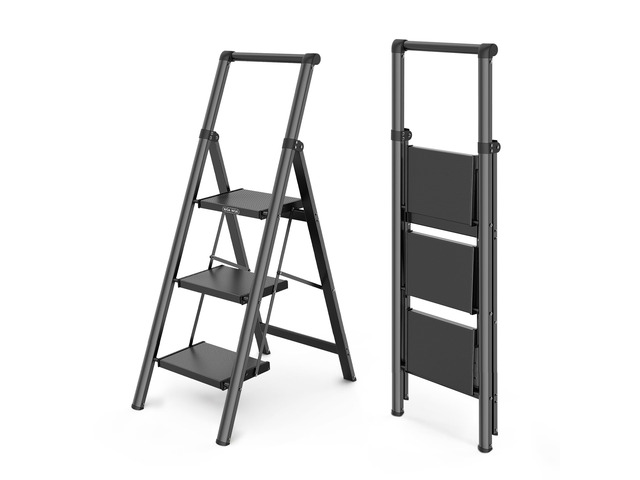 3 Step Ladders for Home, 300lbs Load, 26'' Top Step, Black 8ft Reach; For Closets, Kitchens; Anti-Slip Feet Suit Wood, Tile, Carpet; Rigid Aluminum...