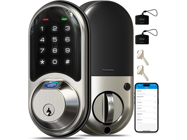RZ07 Fingerprint Smart Door Lock Deadbolt, App Control, Satin Nickel Remote Access Sharing, Fob Unlock, Keyless Entry for Front Door, Auto Lock,...