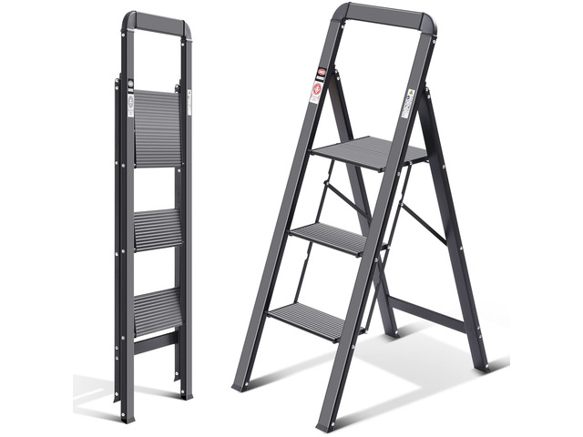 Aluminium 3 Step Ladder, Lightweight Step Stool with Non-Slip Pedals, Handrail, 330 LBS Foldable Step Ladder for Kitchen, Garage, Home, Space...