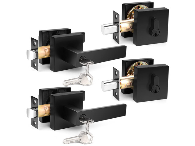 Square Entry Levers and Single Cylinder Deadbolts Combo Pack, Flat Black Keyed Alike Heavy Duty Keyed Entry Handles Locksets Reversible for Right...