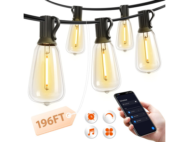 196(49FT*4) Outdoor String Lights with APP LED Edison Waterproof Plastic ST38 Shatterproof Bulbs, Smart Extra Long Lighting, Hanging for Patio...
